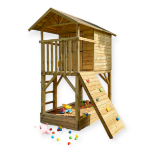 Beach Hut Playhouse with Climbing Wall and Sandpit