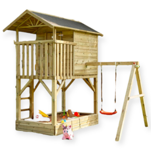 beach hut playhouse with swing and sandpit