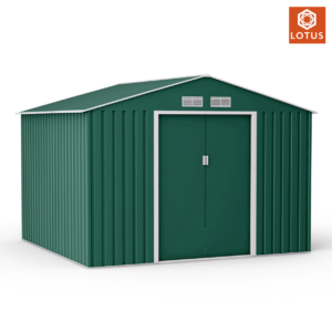 Lotus Orion Apex Metal Shed Closed Green 1250x1250 with Logo