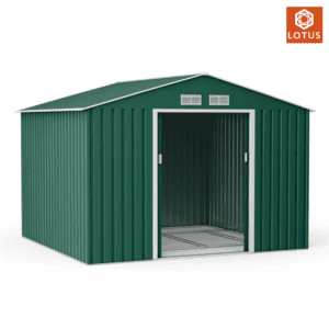 Lotus Orion Apex Metal Shed Open Green 1250x1250 with Logo